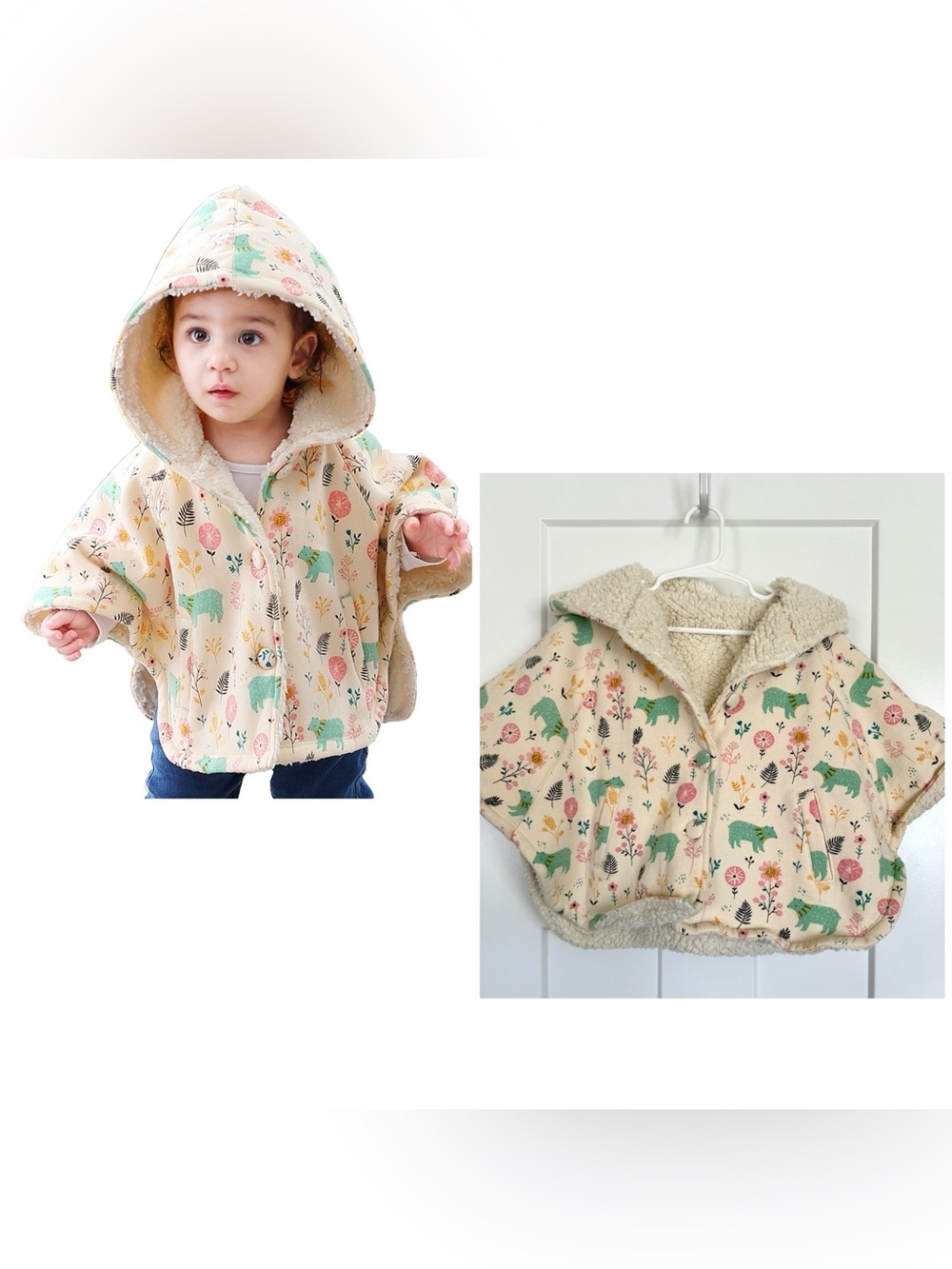 Cotton Fairy Baby 24M Bear Floral Sherpa Lined Hooded Poncho Cape Jacket